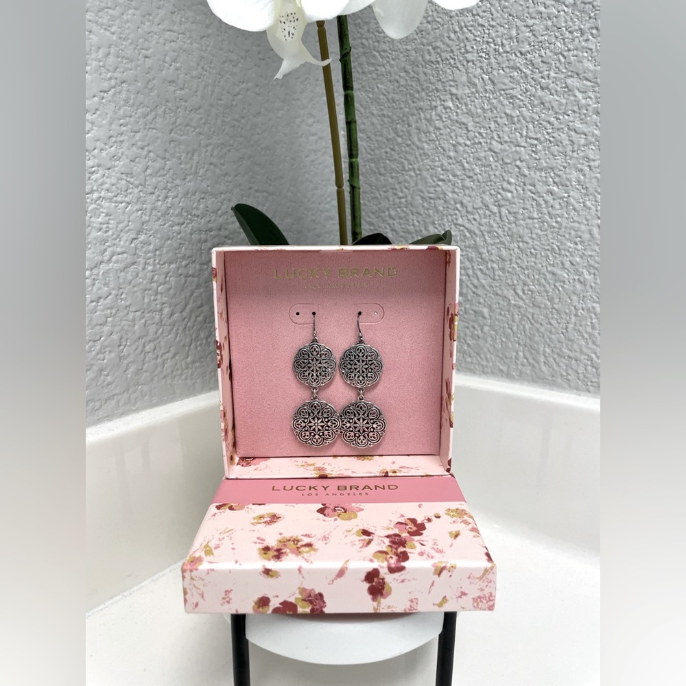 Lucky Brand Silver Tone Etched Earrings NIB